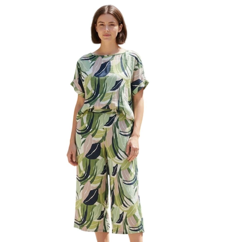 Tahari Womens Two Piece Linen Set Top Pants Sz Small Green Pink Tropical Floral